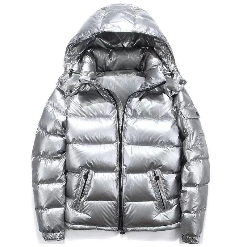 Men's Hooded Short Thick Winter Bomber Down Coat - Shiny Puffer Jacket