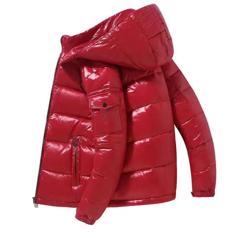 Men's Hooded Short Thick Winter Bomber Down Coat - Shiny Puffer Jacket