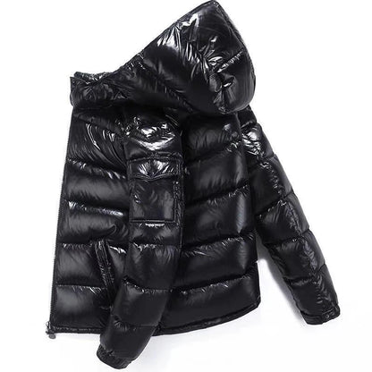 Men's Hooded Short Thick Winter Bomber Down Coat - Shiny Puffer Jacket